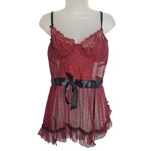 LingerLove Babydoll Garter Chemise Lingerie Red Sexy Sheer Lace Satin XL